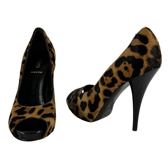 FENDI Calfskin Leopard Peep Toe Heeled Pumps Made in Italy Marked as 36.5-6.5US - Picture 1 of 10